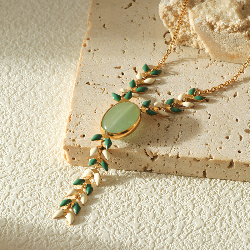 Unique Boho Necklaces with Natural Stone and Enamel Leaf Droplet Details