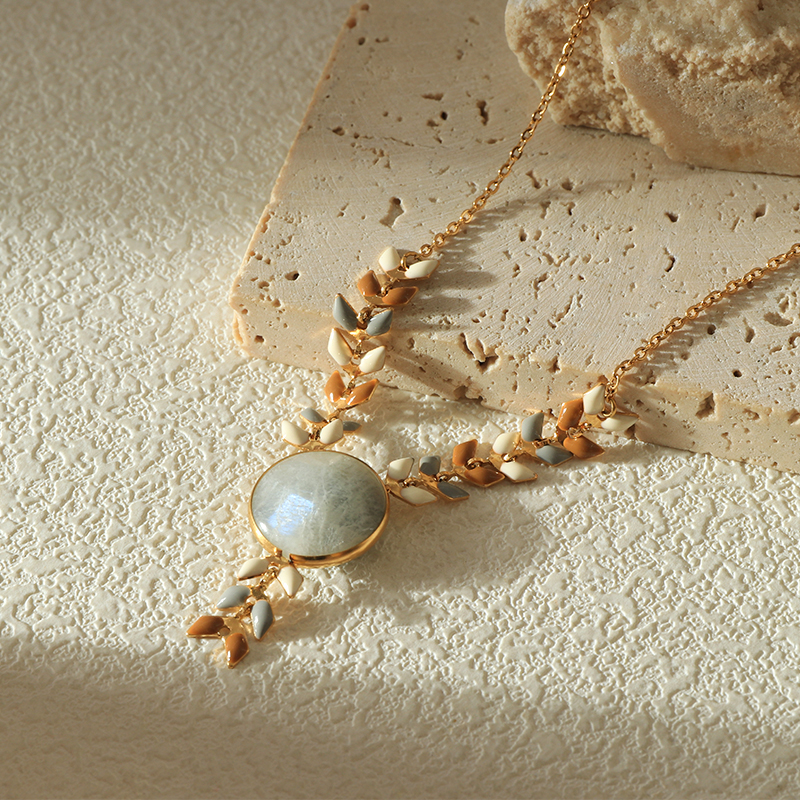 Unique Boho Necklaces with Natural Stone and Enamel Leaf Droplet Details