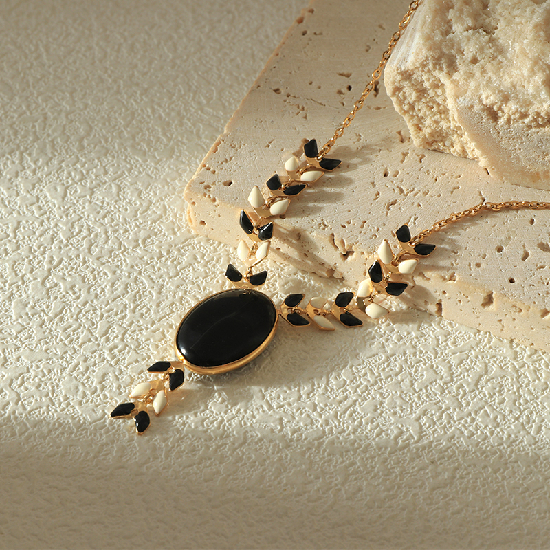 Unique Boho Necklaces with Natural Stone and Enamel Leaf Droplet Details
