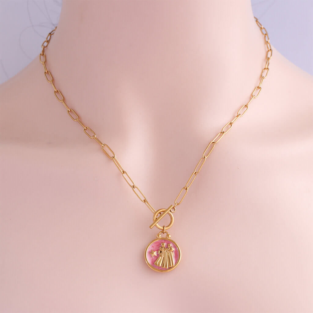 Enamel Gemini Pendant Necklace in Stainless Steel Gold Plated