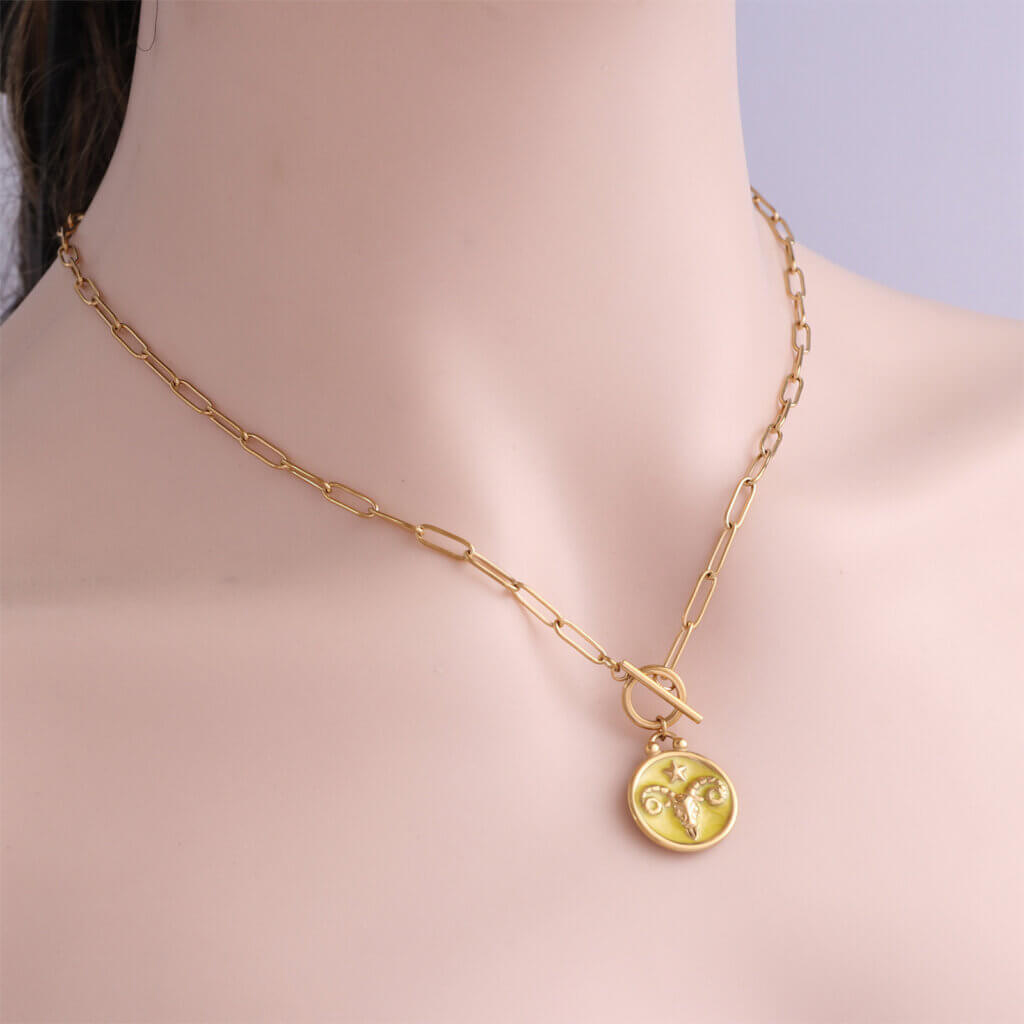 Enamel Aries Zodiac Sign Necklace in Gold Plated Stainless Steel