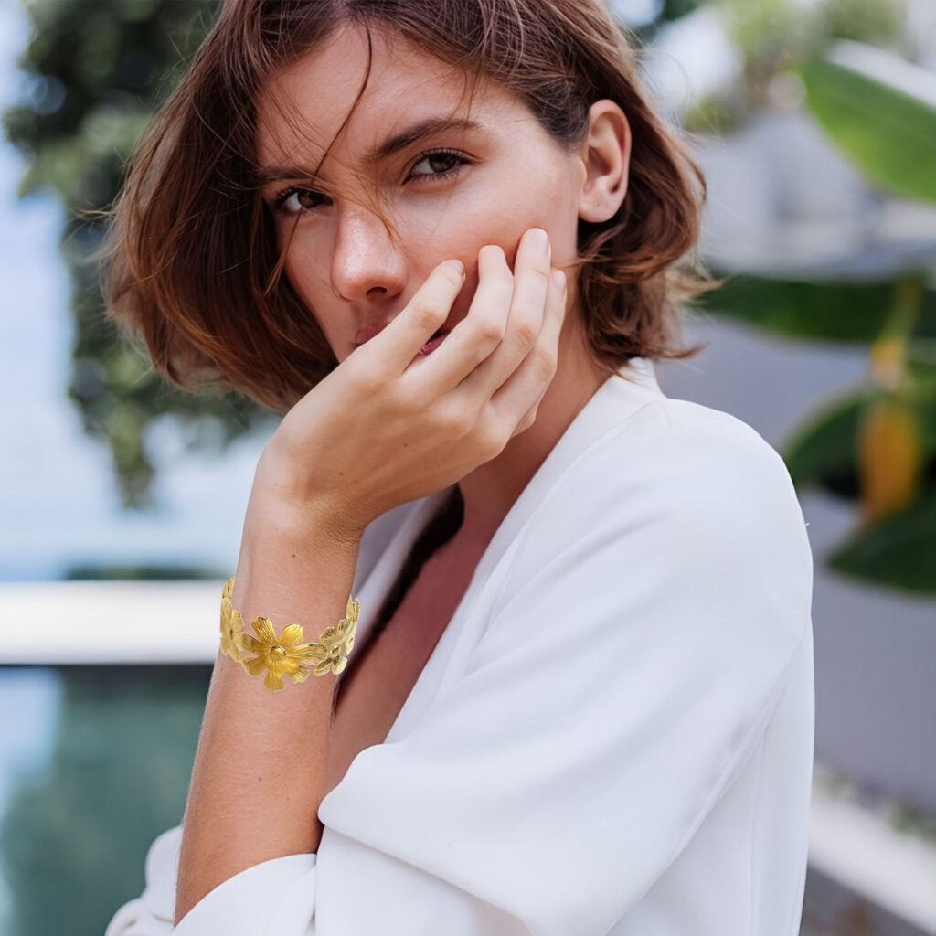 Boho Stainless Steel 18K Gold Plated Floral Cuff Bracelet