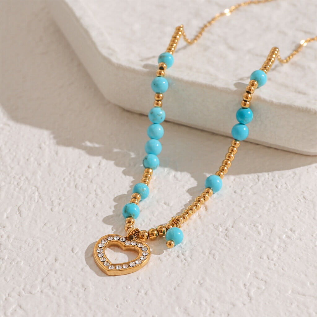 Gold Plated Natural Stone Bead Necklace With CZ Heart Pendant