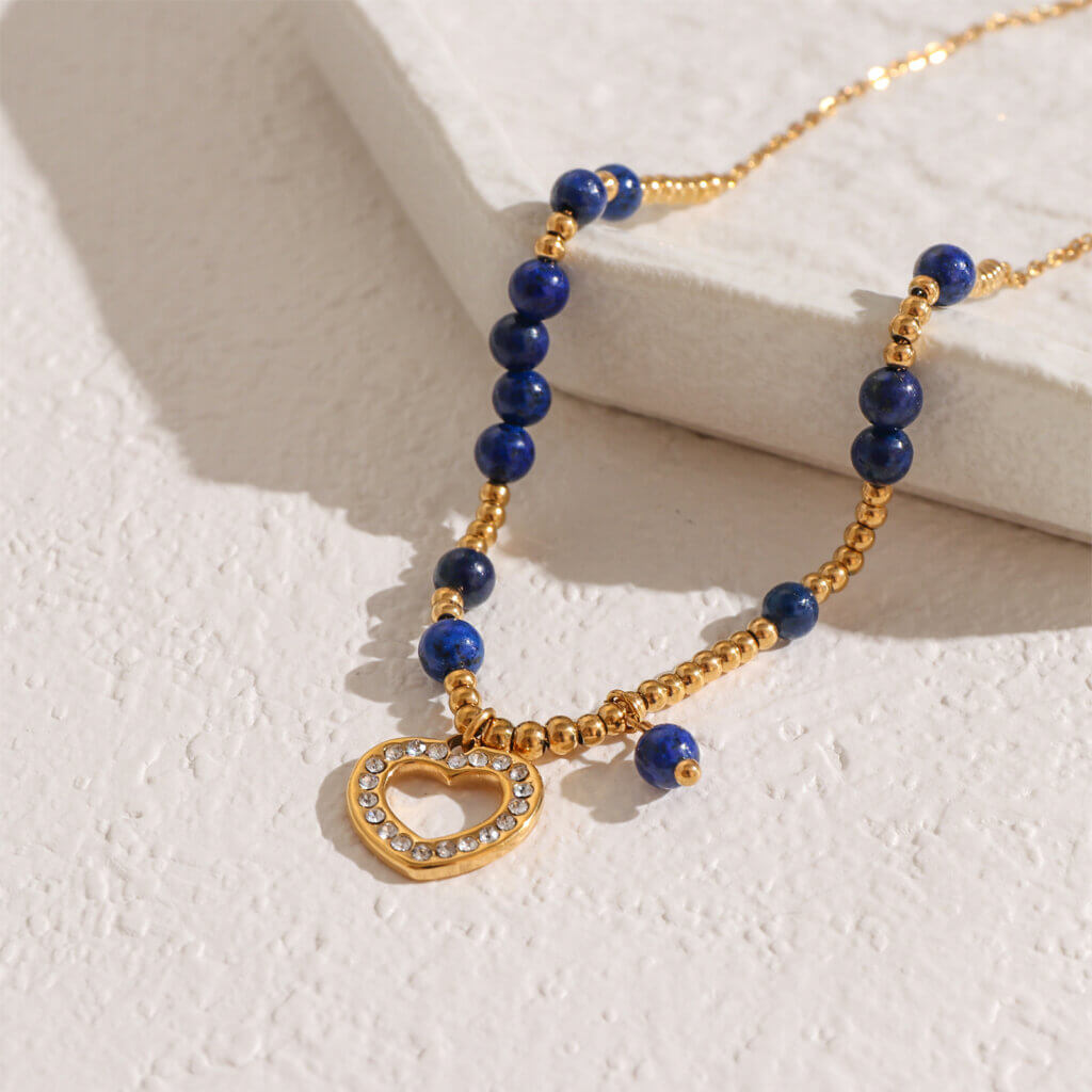 Gold Plated Natural Stone Bead Necklace With CZ Heart Pendant