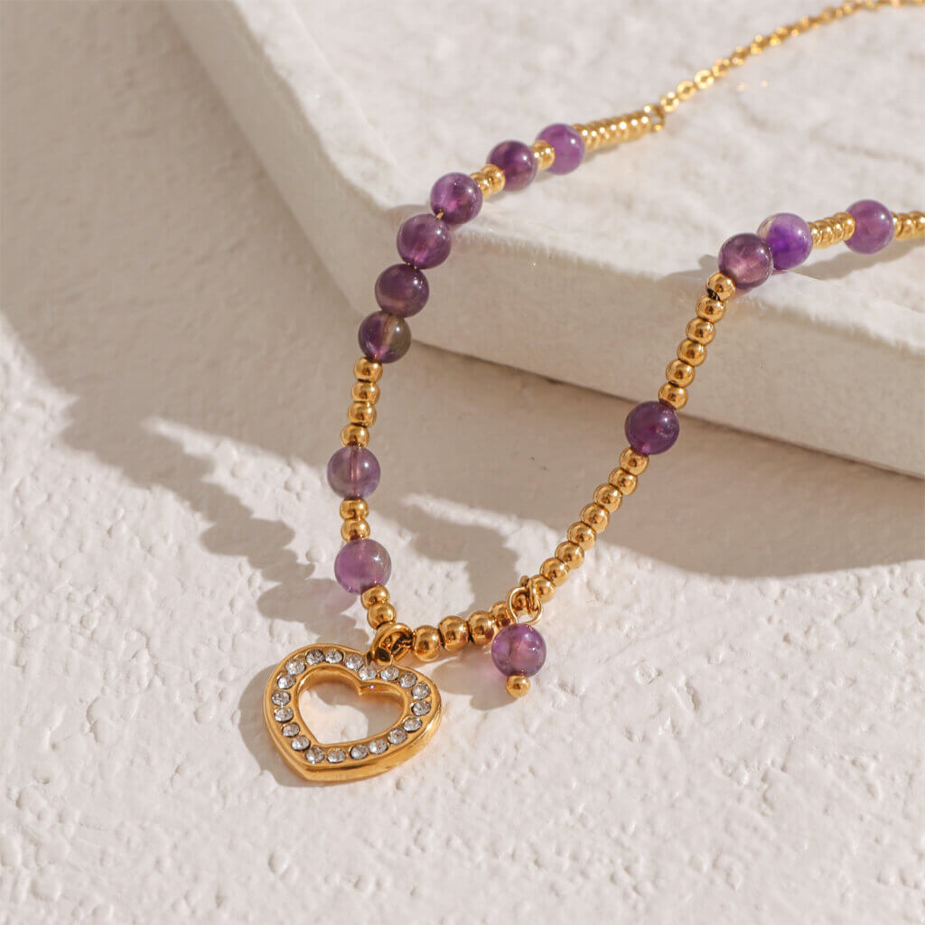 Gold Plated Natural Stone Bead Necklace With CZ Heart Pendant