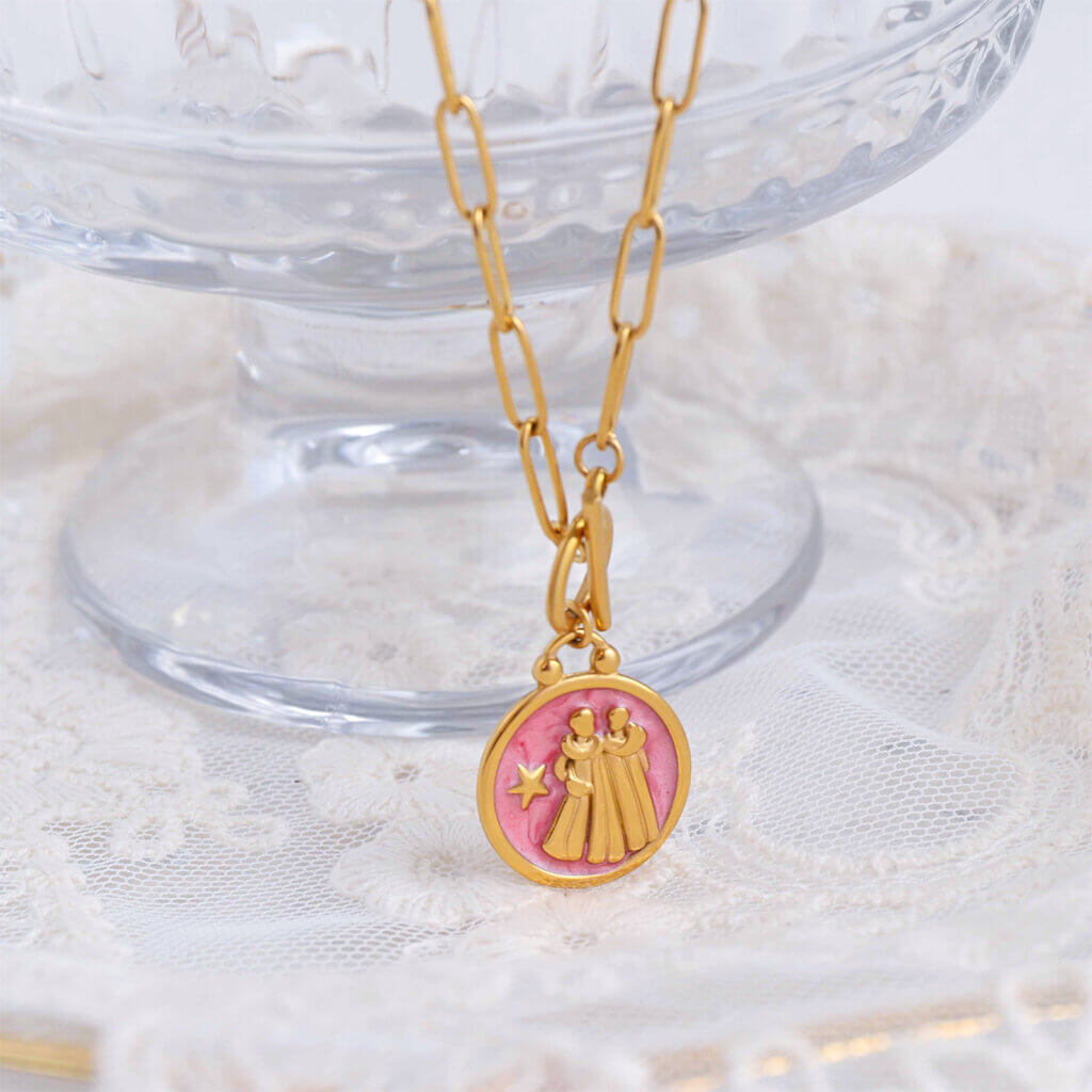 Enamel Gemini Pendant Necklace in Stainless Steel Gold Plated