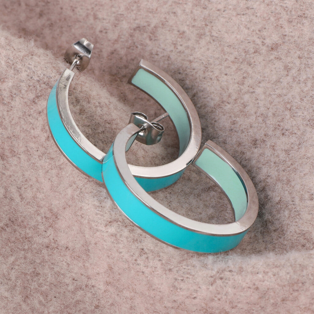 Modern Stainless Steel Half Hoop Earrings with Dual Blue Enamel