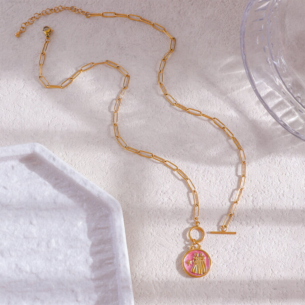 Enamel Gemini Pendant Necklace in Stainless Steel Gold Plated