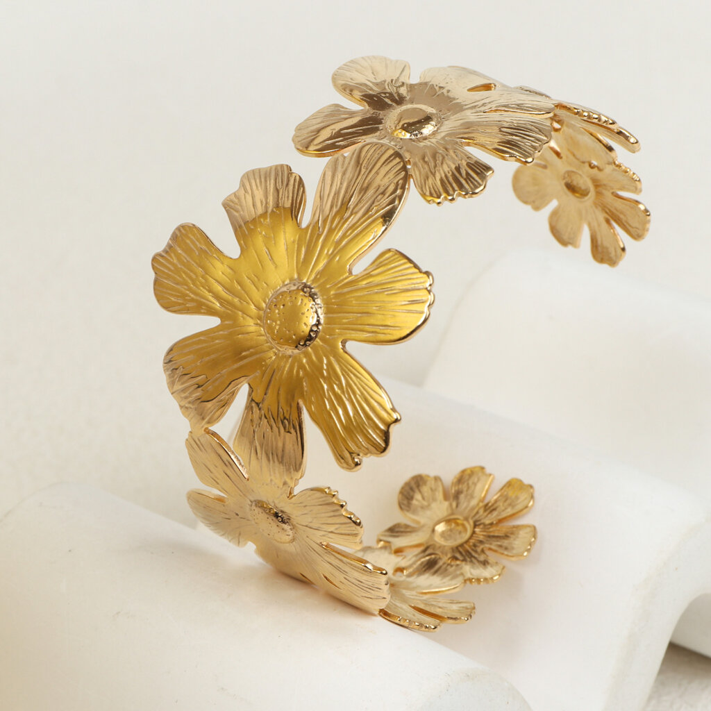 Boho Stainless Steel 18K Gold Plated Floral Cuff Bracelet