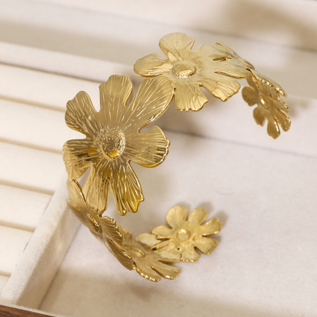 Boho Stainless Steel 18K Gold Plated Floral Cuff Bracelet
