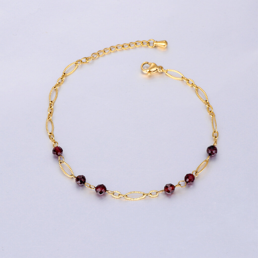Modern Stainless Steel 18K Gold Plated Garnet Bead Bracelet