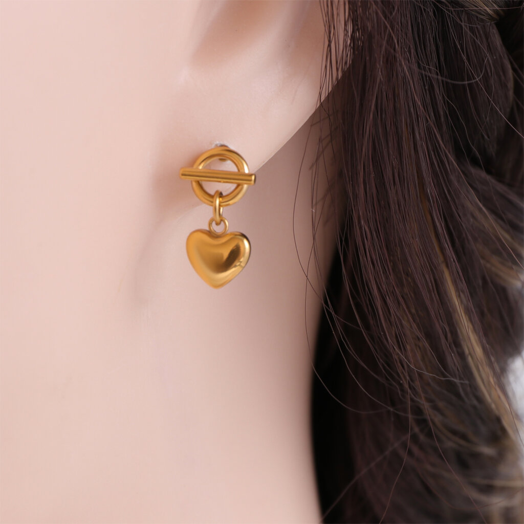 Minimalist 18K Gold Plated Stainless Steel Gold Heart Dangle Earrings