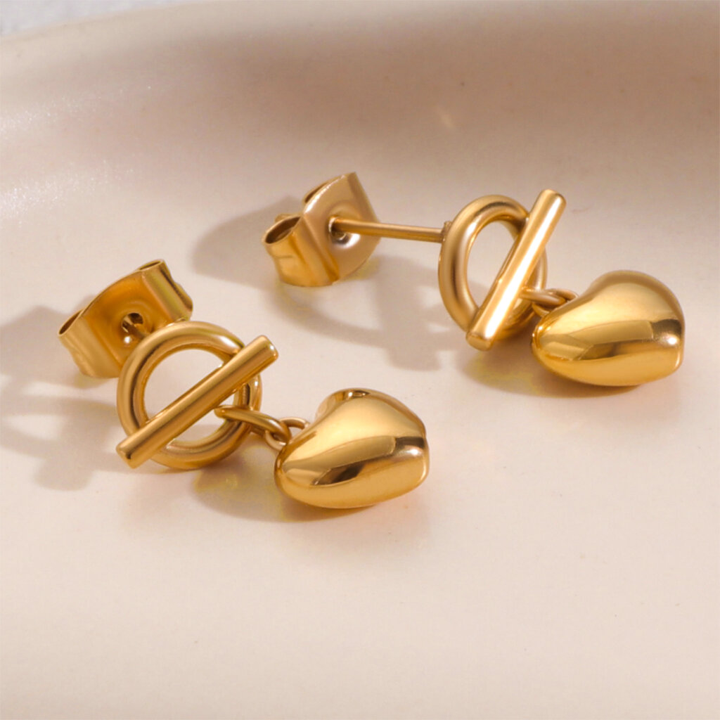 Minimalist 18K Gold Plated Stainless Steel Gold Heart Dangle Earrings