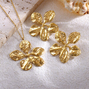 Gold Plated Floral Jewelry Set in Hammered Statement Design