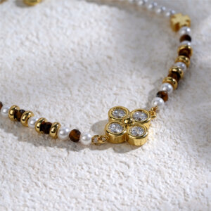 Cubic Zirconia Four Leaf Clover Bracelet with Natural Stone