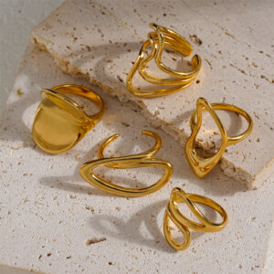 Contemporary Abstract Gold Rings In Fluid Irregular Geometric Shapes