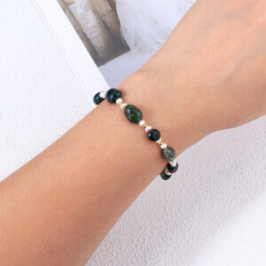 Dainty Handmade Moss Agate Bead Bracelet with Freshwater Pearl Accent