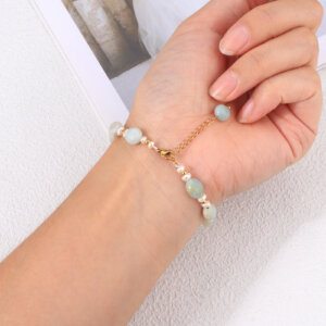 Natural Amazonite Stone Bead Bracelet with Freshwater Pearls
