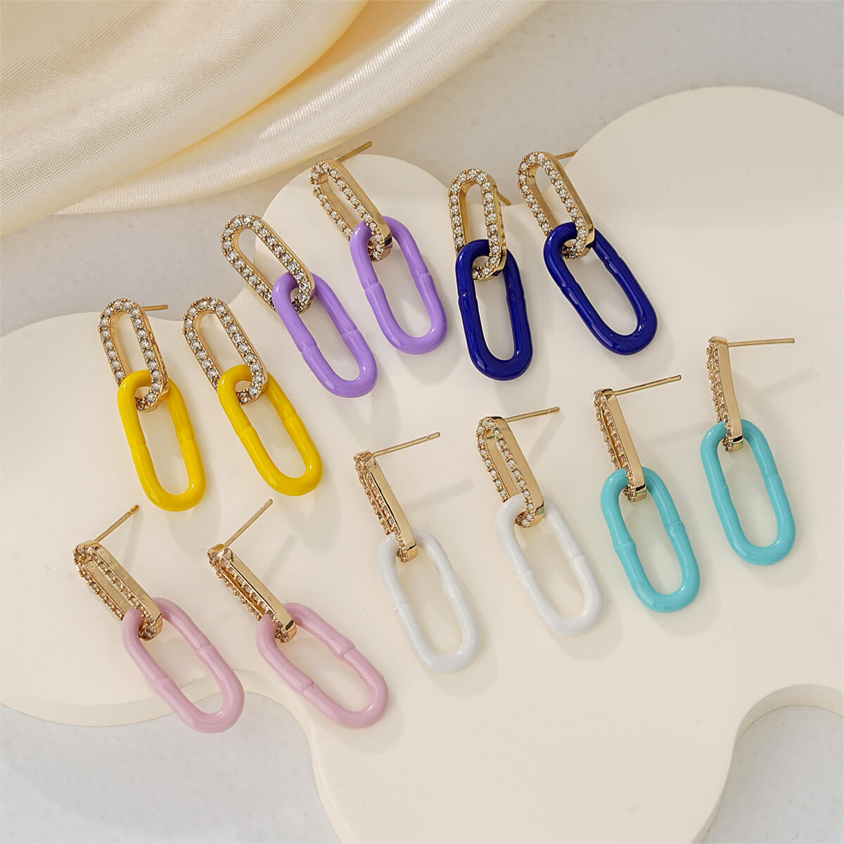 Double Link Paperclip Earrings with CZ and Vibrant Enamel Colors
