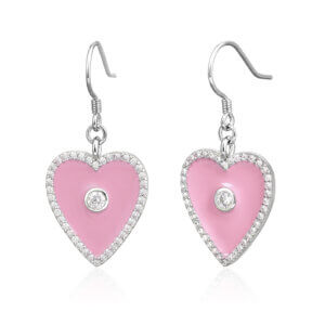 Rhodium Plated Pink Heart Earrings With Sparkling Zirconia