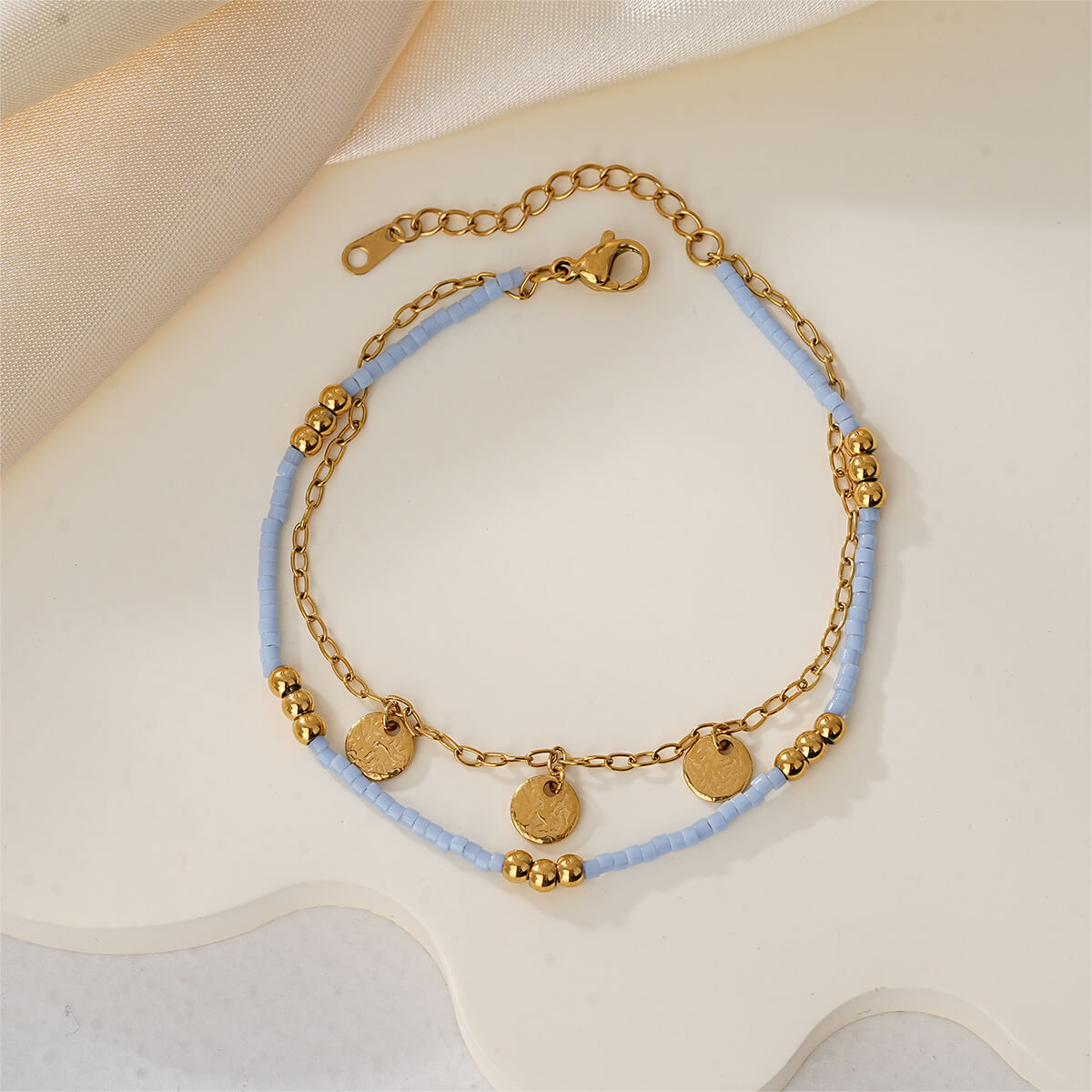 18K Dainty Layered Chain Bracelet with Hammered Coin Charms