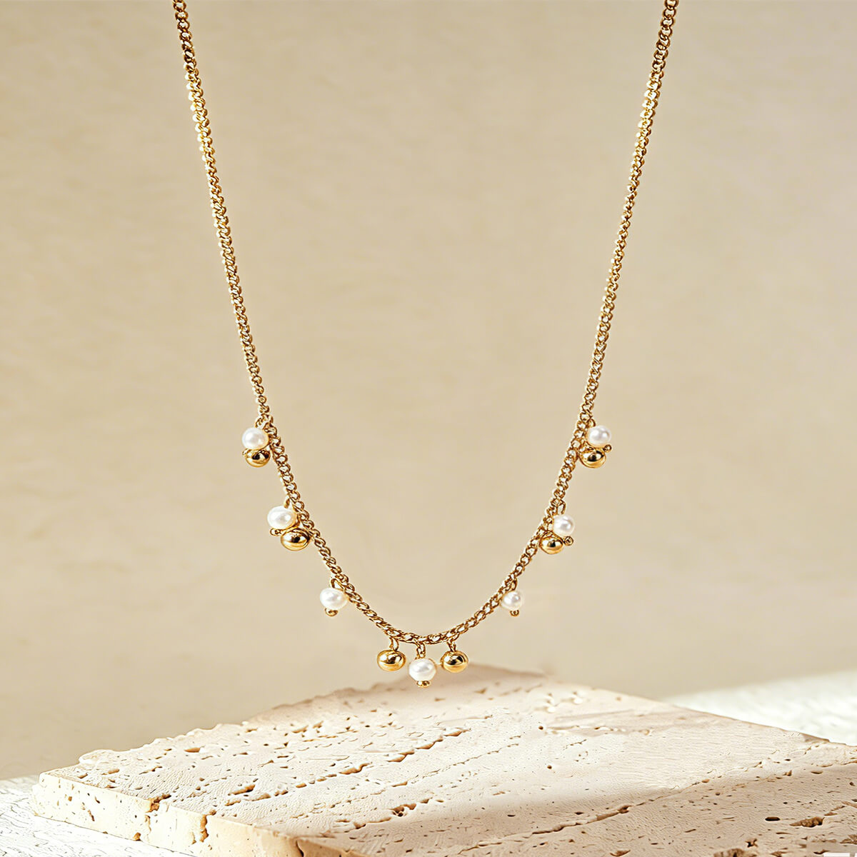 Boho Beaded Necklace with Natural Stones and Pearl Accents