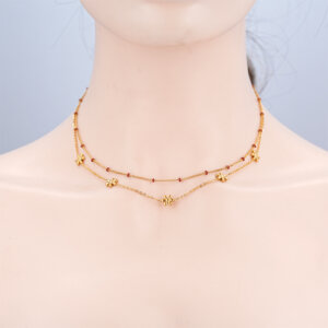 Delicate Double Layer Gold Necklace With Daisy Flower Charms And Enamel Bead