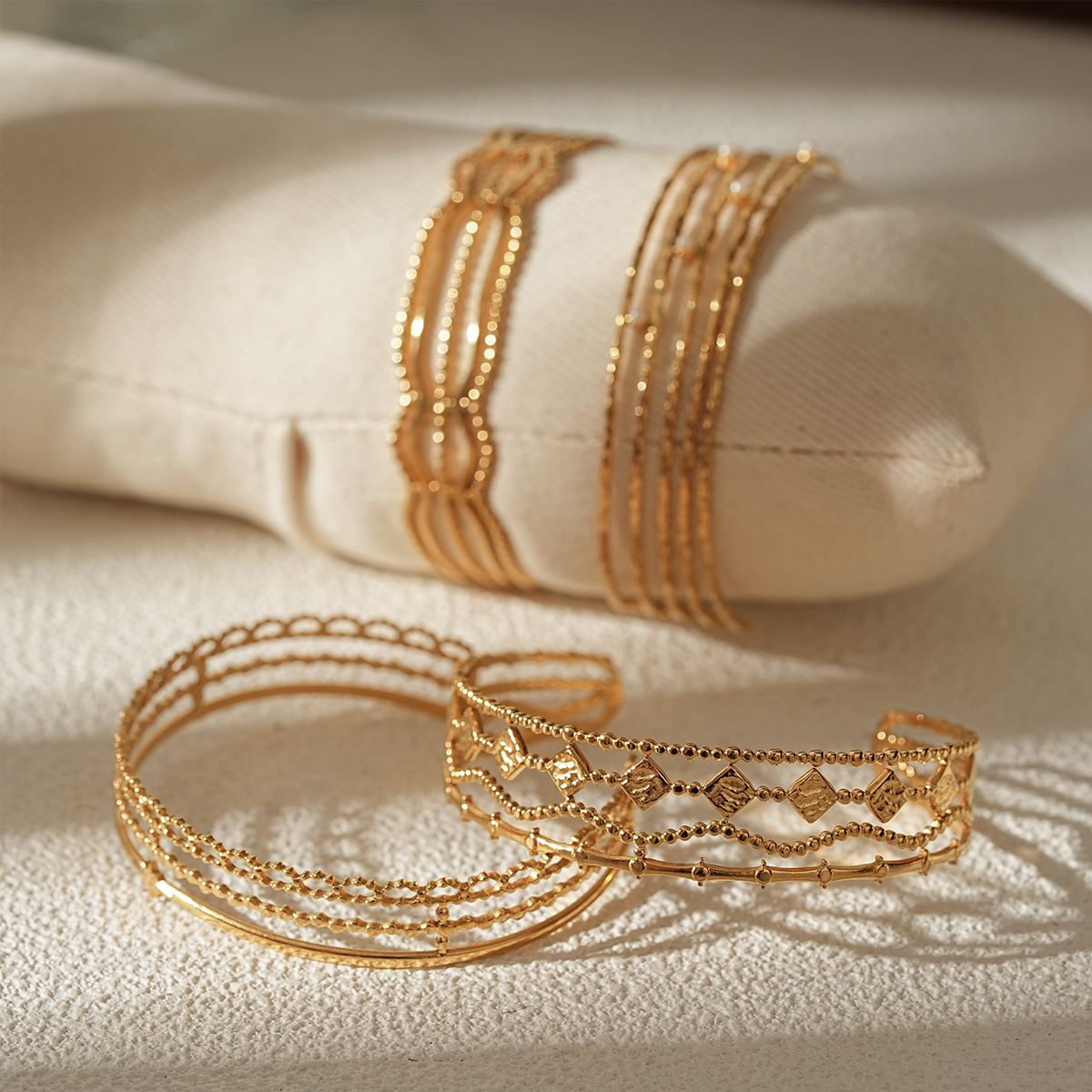 Modern Layered Open Cuff Bracelet in Gold Plated Stainless Steel