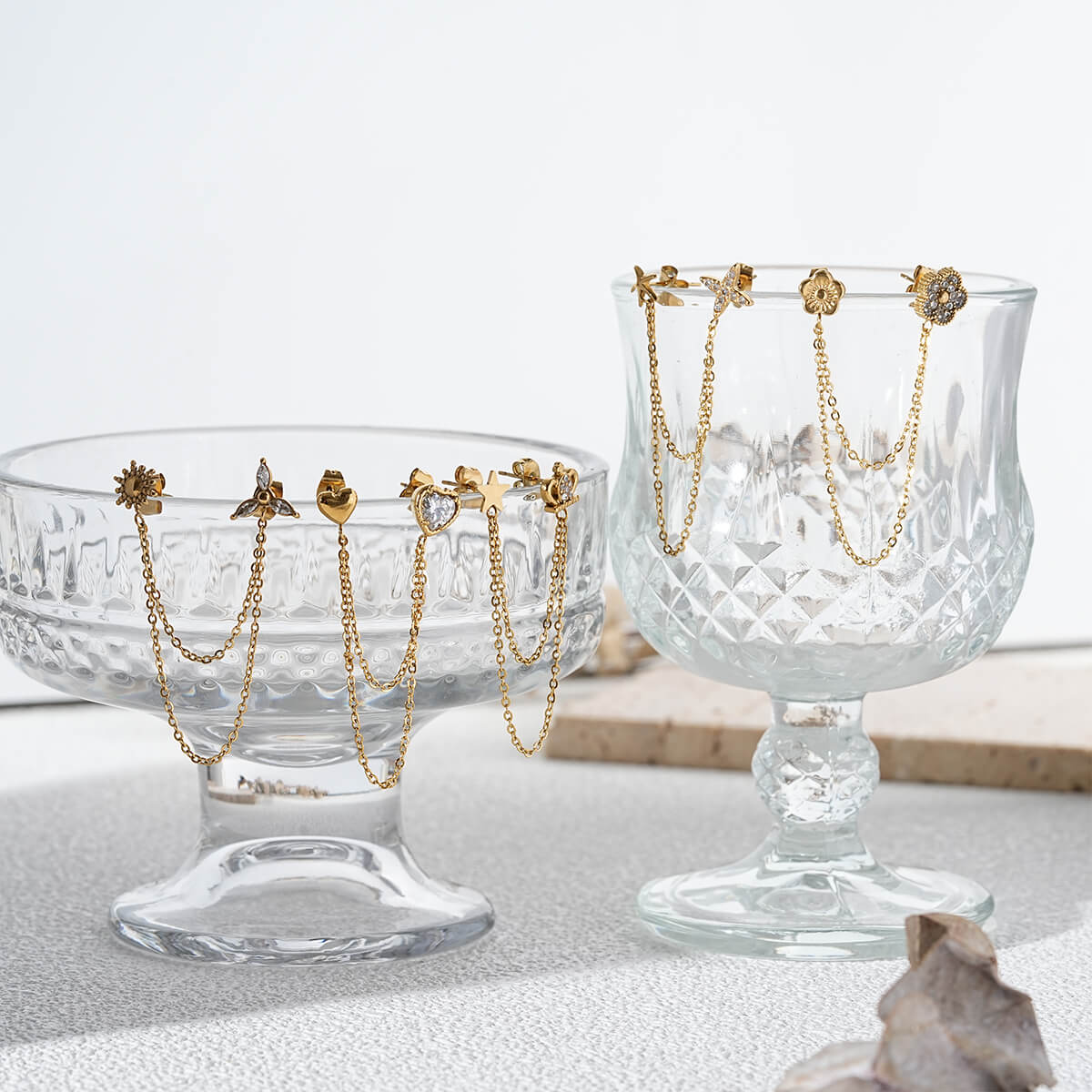Double Piercing Chain Earrings – Elegant Layered Design in Stainless Steel Gold