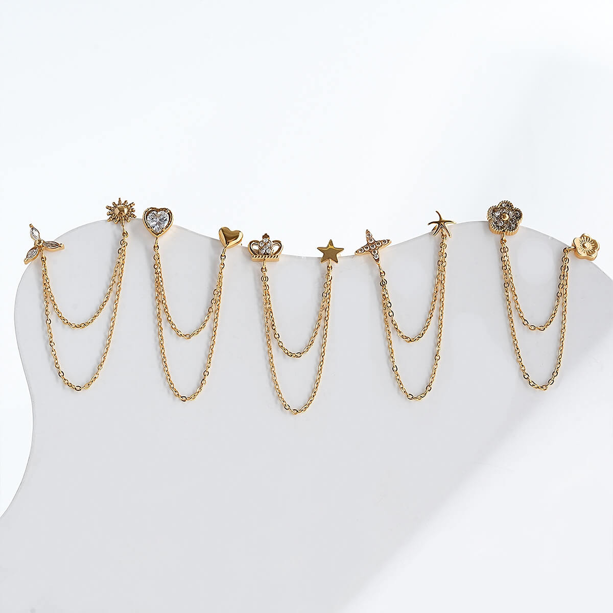 Double Piercing Chain Earrings – Elegant Layered Design in Stainless Steel Gold