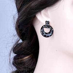Bold Black Enamel Rhinestone Earrings in Gold Plated Stainless Steel