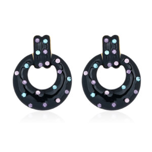 Bold Black Enamel Rhinestone Earrings in Gold Plated Stainless Steel